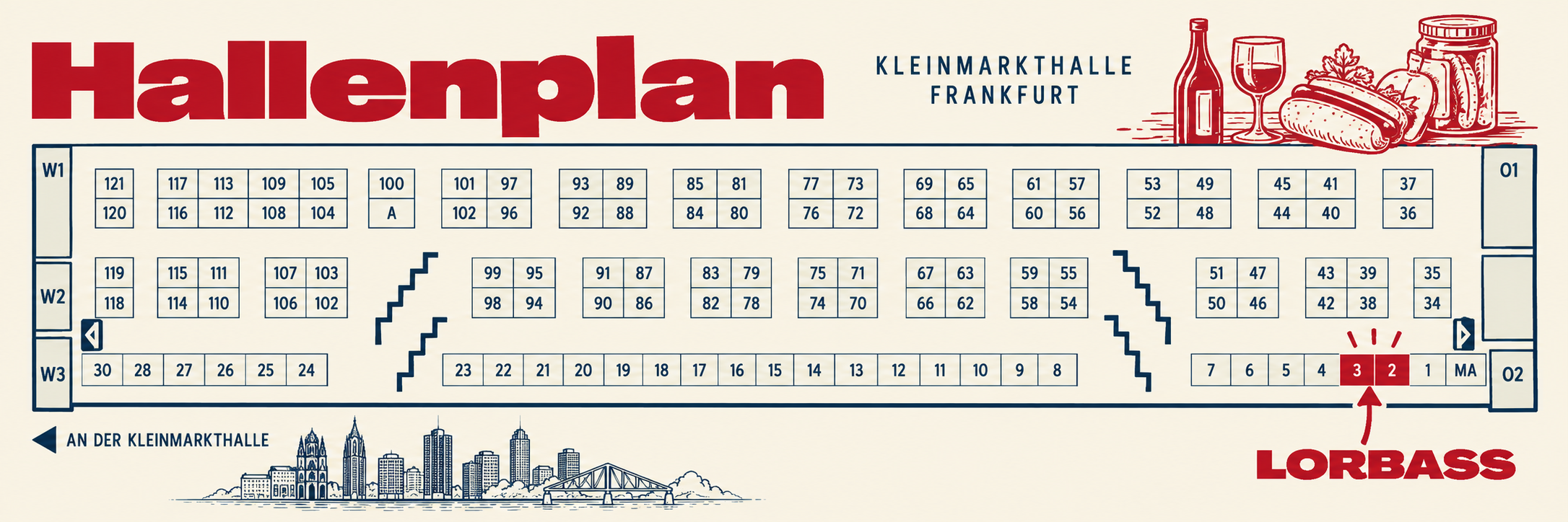 Hallenplan der Kleinmarkthalle Frankfurt mit markiertem Lorbass-Stand bei den Plätzen 2 und 3