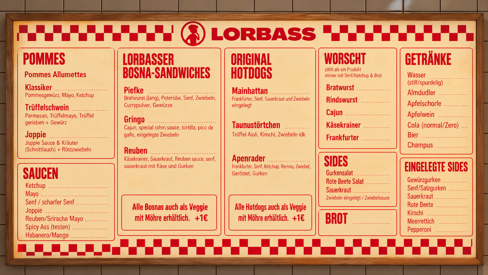 Illustrierte Lorbass Speisekarte mit Würsten, Hotdogs, Pommes, Saucen, Beilagen und Getränken
